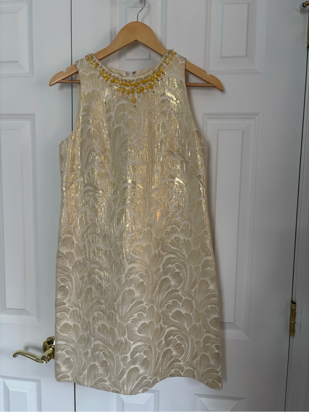 Maggy London Metallic Gold Brocade Shift Dress with Yellow Beaded Neckline